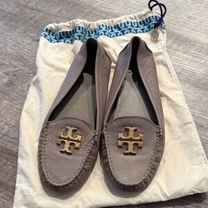 Tory Burch Taupe Leather Logo Moccasin Flats with Gold Emblems
